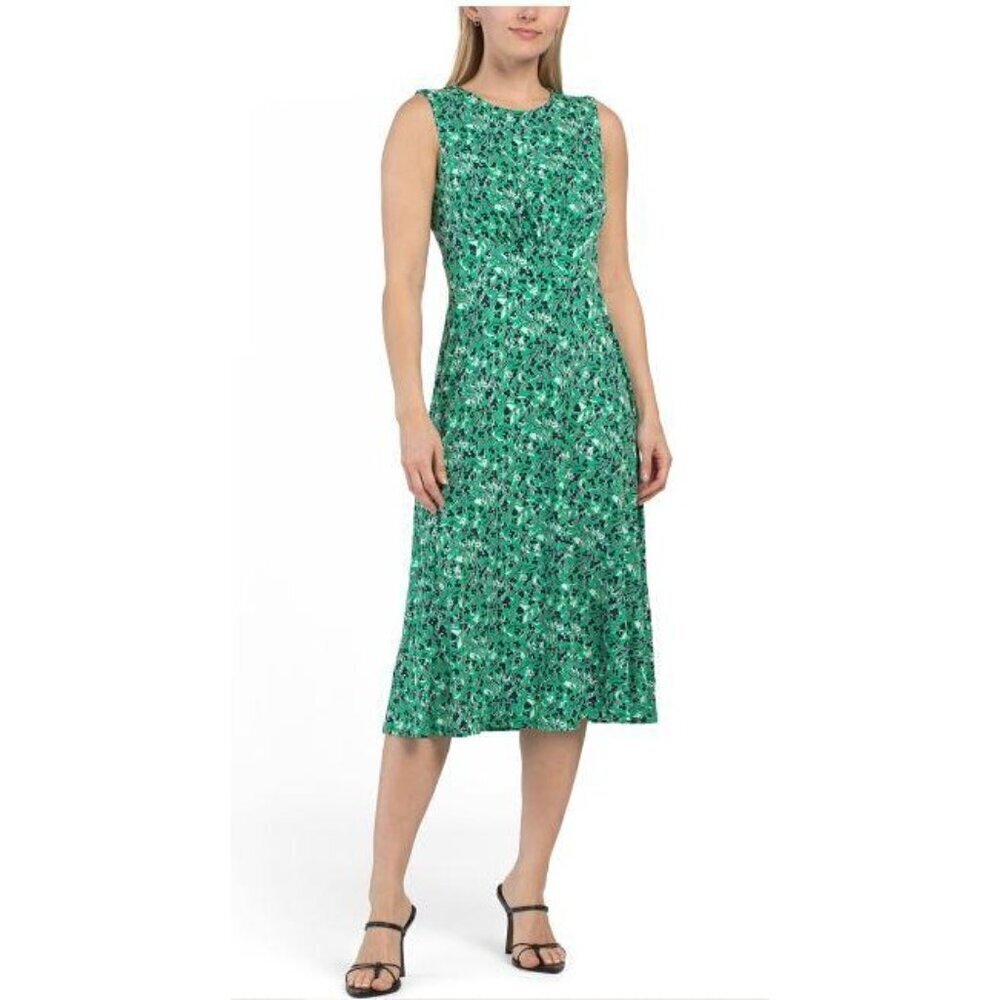 London Times Womens Green Ivory Print Sleeveless Midi Dress Sz 12 New